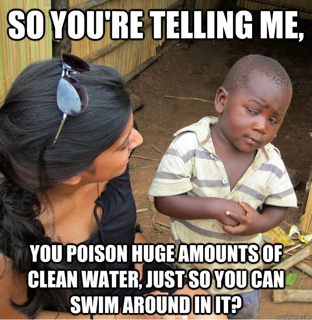 So you're telling me, You poison huge amounts of clean water, just so you can swim around in it? - So you're telling me, You poison huge amounts of clean water, just so you can swim around in it?  Skeptical Third World Kid