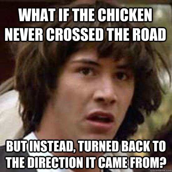 what if the chicken never crossed the road but instead, turned back to the direction it came from?  conspiracy keanu