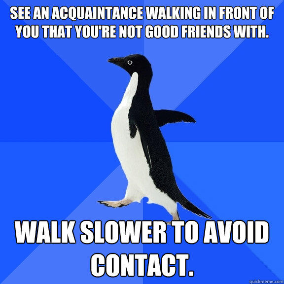 See an acquaintance walking in front of you that you're not good friends with. Walk slower to avoid contact. - See an acquaintance walking in front of you that you're not good friends with. Walk slower to avoid contact.  Socially Awkward Penguin