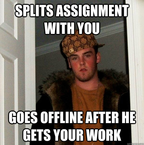 Splits assignment with you Goes offline after he gets your work  Scumbag Steve