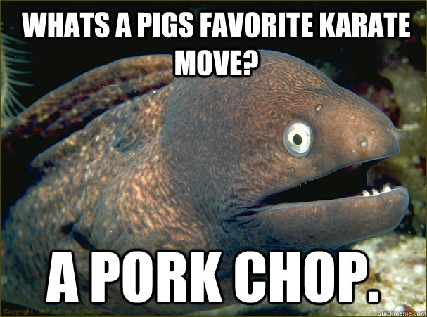 Whats a pigs favorite karate move? A PORK CHOP.  Bad Joke Eel