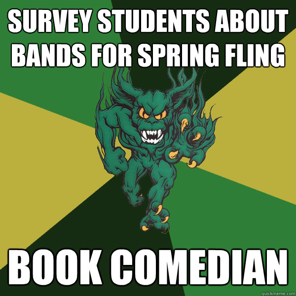 survey students about bands for spring fling book comedian  Green Terror