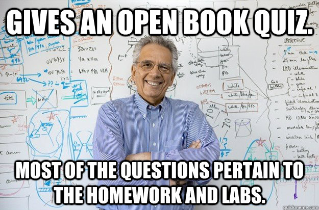 Gives an open book quiz. Most of the questions pertain to the homework and labs.  Engineering Professor