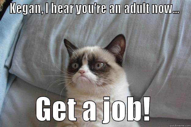 Keganerfbay 18 - KEGAN, I HEAR YOU'RE AN ADULT NOW... GET A JOB! Grumpy Cat