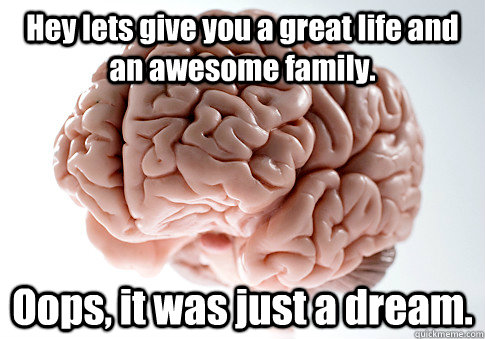 Hey lets give you a great life and an awesome family. Oops, it was just a dream.  Scumbag Brain