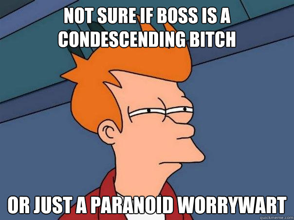 Not sure if boss is a condescending bitch Or just a paranoid worrywart - Not sure if boss is a condescending bitch Or just a paranoid worrywart  Futurama Fry