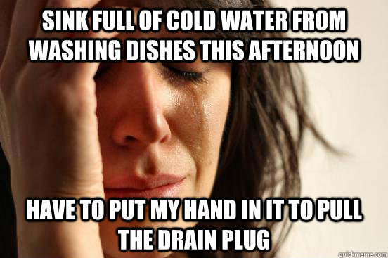 sink full of cold water from washing dishes this afternoon have to put my hand in it to pull the drain plug - sink full of cold water from washing dishes this afternoon have to put my hand in it to pull the drain plug  First World Problems