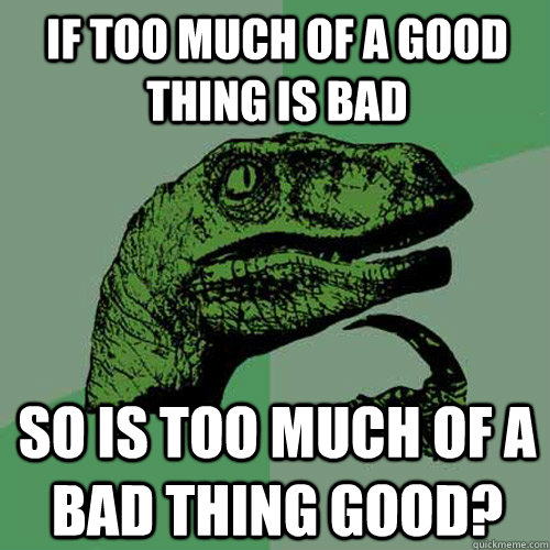 If Too Much Of A Good Thing Is Bad So Is Too Much Of A Bad Thing Good Philosoraptor Quickmeme