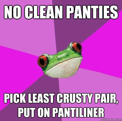 no clean panties pick least crusty pair, put on pantiliner  Foul Bachelorette Frog