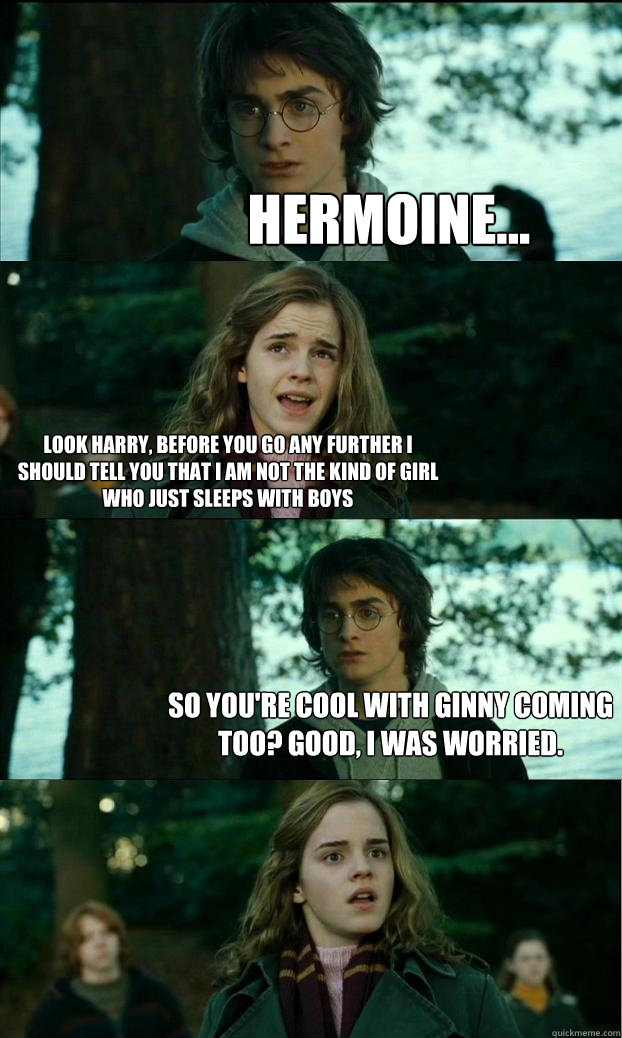 hermoine... Look harry, before you go any further I should tell you that I am not the kind of girl who just sleeps with boys So you're cool with Ginny coming too? Good, I was worried.  Horny Harry