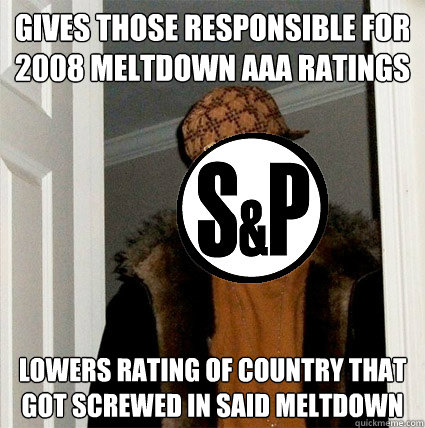 GIVES THOSE RESPONSIBLE FOR 2008 MELTDOWN AAA RATINGS LOWERS RATING OF COUNTRY THAT GOT SCREWED IN SAID MELTDOWN  