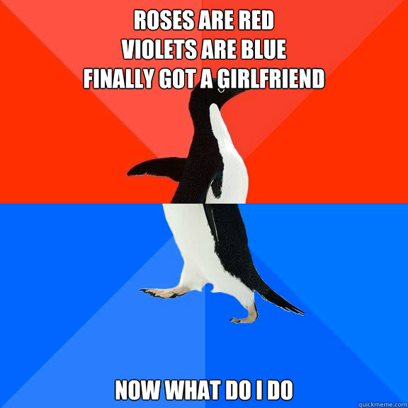 Roses are Red
Violets are Blue
Finally got a girlfriend Now What do I do  Socially Awesome Awkward Penguin