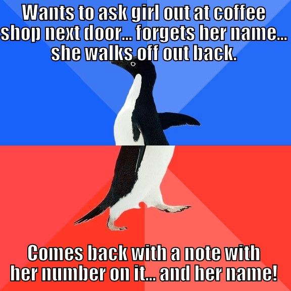 WANTS TO ASK GIRL OUT AT COFFEE SHOP NEXT DOOR... FORGETS HER NAME... SHE WALKS OFF OUT BACK. COMES BACK WITH A NOTE WITH HER NUMBER ON IT... AND HER NAME! Socially Awkward Awesome Penguin