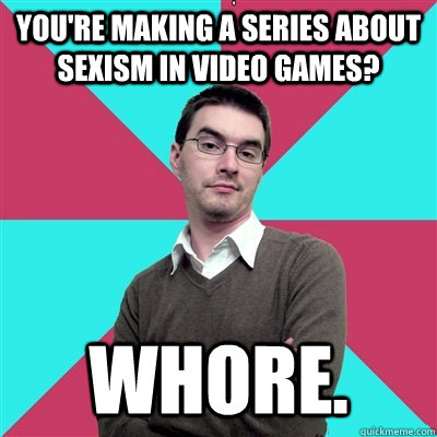 You're making a series about sexism in video games? whore.   Privilege Denying Dude