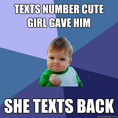 texts number cute girl gave him she texts back   Success Kid