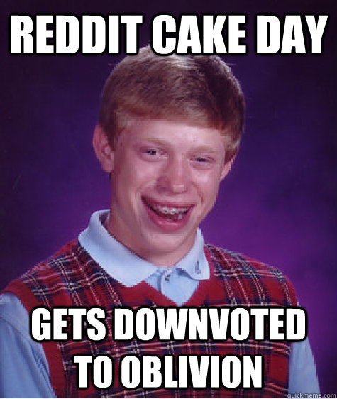 Reddit cake day gets downvoted to oblivion  Bad Luck Brian