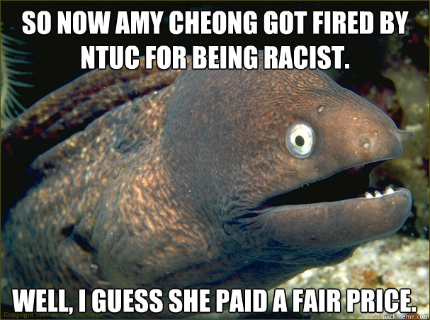 So now Amy Cheong got fired by NTUC for being racist. Well, I guess she paid a fair Price.  Bad Joke Eel