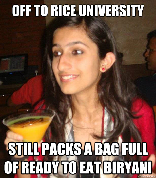 Off to Rice University Still packs a bag full of Ready to eat biryani - Off to Rice University Still packs a bag full of Ready to eat biryani  Rice Girl Sonia