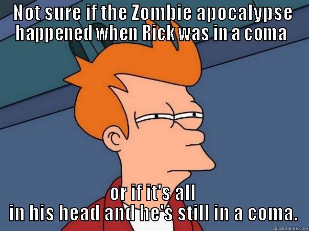 NOT SURE IF THE ZOMBIE APOCALYPSE HAPPENED WHEN RICK WAS IN A COMA  OR IF IT'S ALL IN HIS HEAD AND HE'S STILL IN A COMA. Futurama Fry