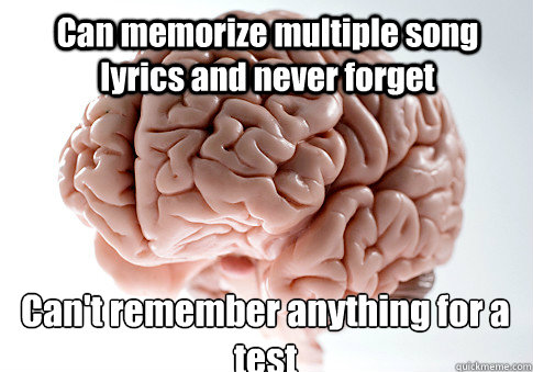 Can memorize multiple song lyrics and never forget Can't remember anything for a test   Scumbag Brain