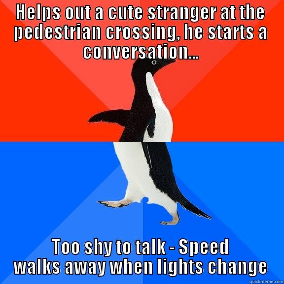 HELPS OUT A CUTE STRANGER AT THE PEDESTRIAN CROSSING, HE STARTS A CONVERSATION... TOO SHY TO TALK - SPEED WALKS AWAY WHEN LIGHTS CHANGE Socially Awesome Awkward Penguin