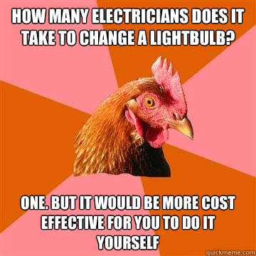 how many electricians does it take to change a lightbulb? one. but it would be more cost effective for you to do it yourself  Anti-Joke Chicken