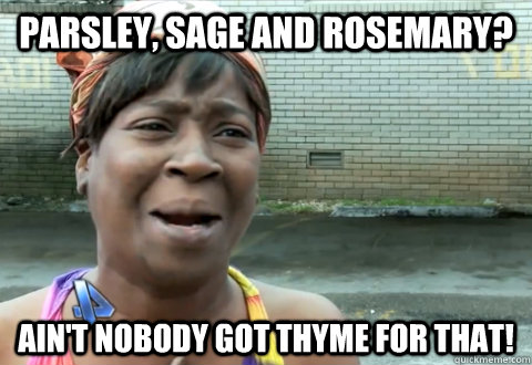 Parsley, sage and rosemary? Ain't nobody got thyme for that!  aint nobody got time