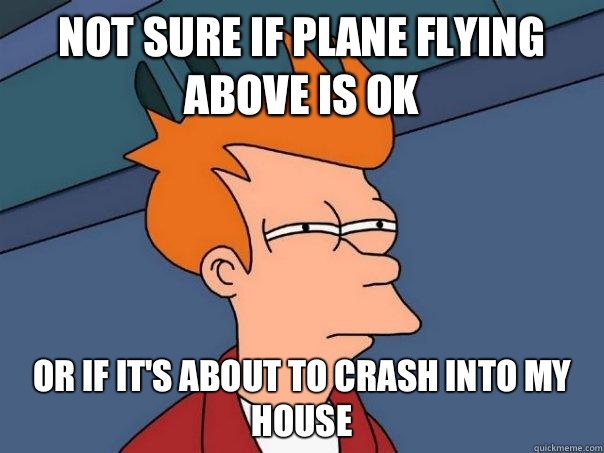 Not sure if plane flying above is ok Or if it's about to crash into my house  Futurama Fry