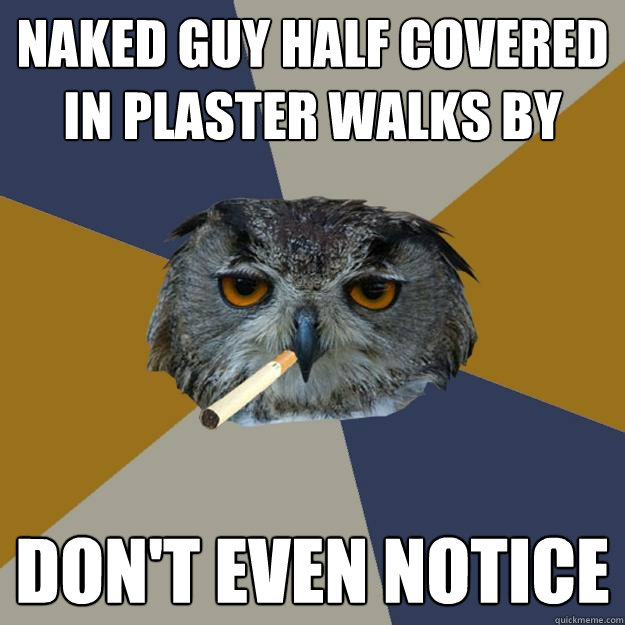 Naked guy half covered in plaster walks by don't even notice  Art Student Owl