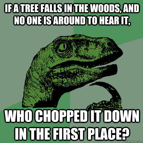 If a tree falls in the woods, and no one is around to hear it, who chopped it down in the first place?  Philosoraptor