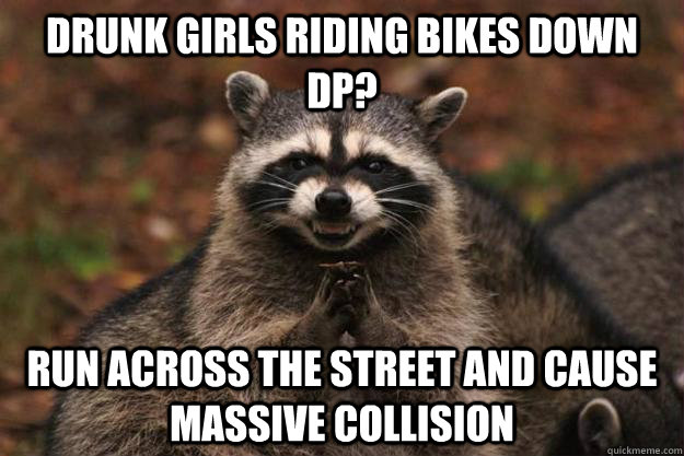 drunk girls riding bikes down DP? run across the street and cause massive collision - drunk girls riding bikes down DP? run across the street and cause massive collision  Evil Plotting Raccoon