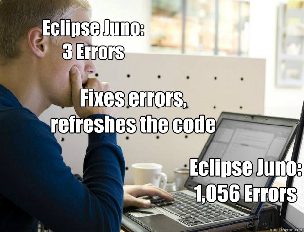 Eclipse Juno:
3 Errors Eclipse Juno:
1,056 Errors Fixes errors, refreshes the code - Eclipse Juno:
3 Errors Eclipse Juno:
1,056 Errors Fixes errors, refreshes the code  Programmer