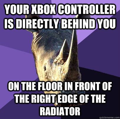 Your xbox controller is directly behind you on the floor in front of the right edge of the radiator  Sexually Oblivious Rhino