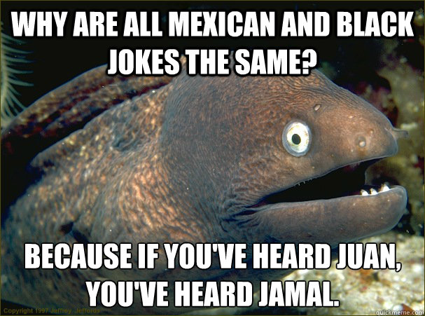 why are all mexican and black jokes the same? because if you've heard juan, you've heard jamal.  Bad Joke Eel