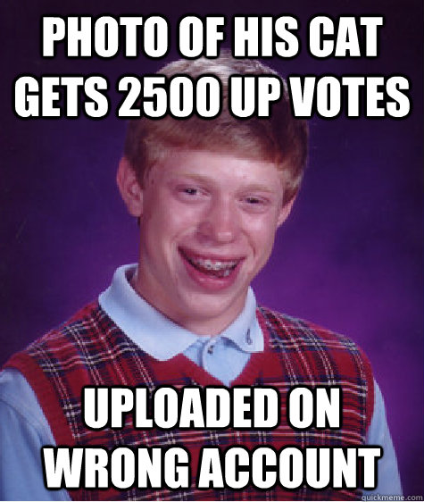 photo of his cat gets 2500 up votes uploaded on wrong account - photo of his cat gets 2500 up votes uploaded on wrong account  Bad Luck Brian