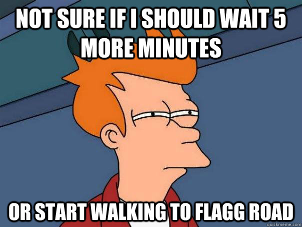 Not sure if I should wait 5 more minutes or start walking to Flagg Road  Futurama Fry