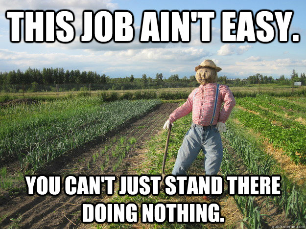 This job ain't easy. You can't just stand there doing nothing.  Scarecrow