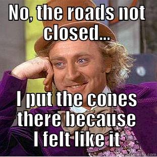 road closure - NO, THE ROADS NOT CLOSED... I PUT THE CONES THERE BECAUSE I FELT LIKE IT Condescending Wonka