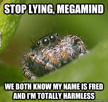 stop lying, megamind we both know my name is fred and i'm totally harmless  Misunderstood Spider