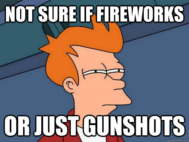 Not sure if fireworks Or just gunshots - Not sure if fireworks Or just gunshots  Futurama Fry