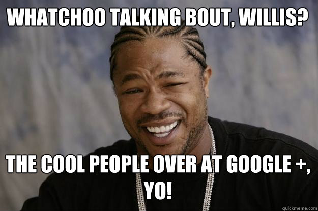 whatchoo talking bout, Willis? The cool people over at Google +, yo!  Xzibit meme