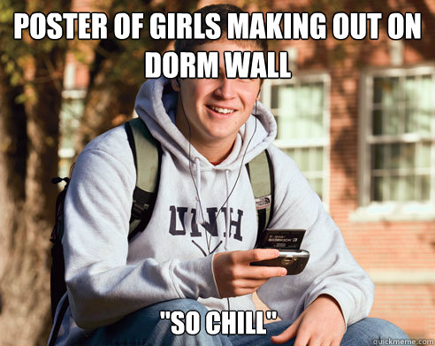 poster of girls making out on dorm wall 