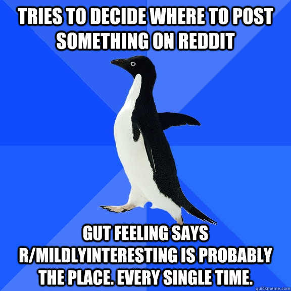 tries to decide where to post something on reddit gut feeling says r/mildlyinteresting is probably the place. every single time.  Socially Awkward Penguin