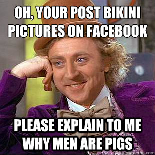 Oh, your post bikini pictures on facebook
 Please explain to me why men are pigs  Condescending Wonka