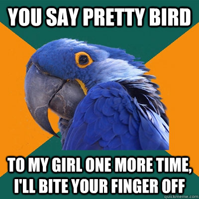 You say pretty bird to my girl one more time, I'll bite your finger off  Paranoid Parrot