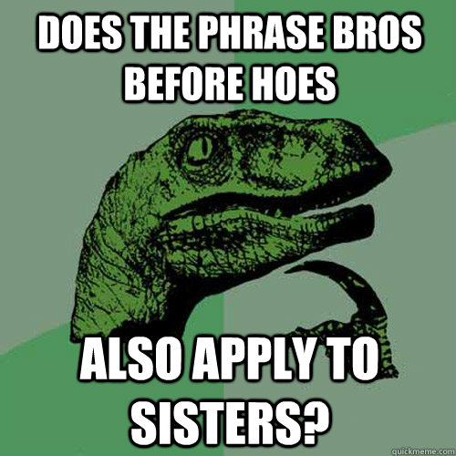 Does the phrase Bros before Hoes Also apply to sisters?  Philosoraptor