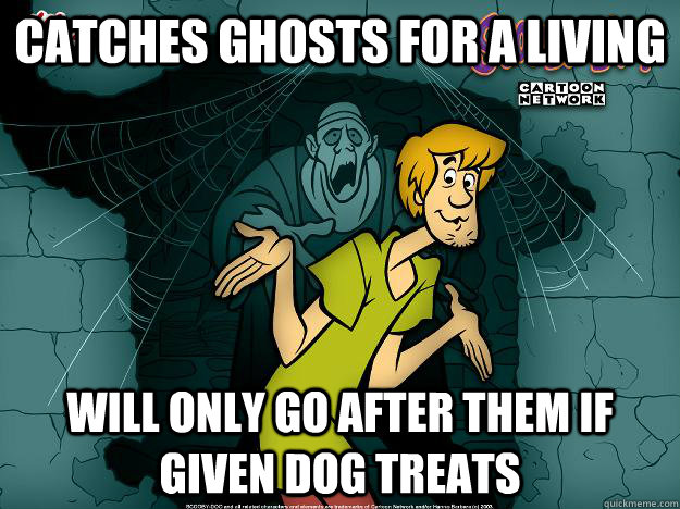 Catches ghosts for a living will only go after them if given dog treats  Irrational Shaggy