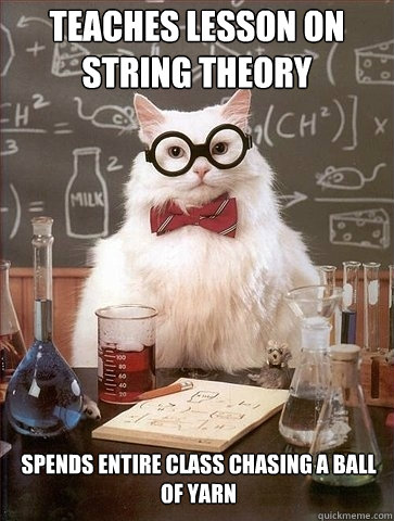 teaches lesson on string theory spends entire class chasing a ball of yarn  Chemistry Cat