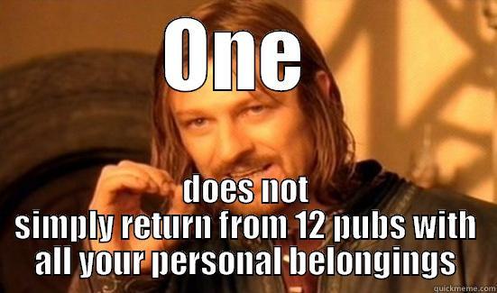 ONE  DOES NOT SIMPLY RETURN FROM 12 PUBS WITH ALL YOUR PERSONAL BELONGINGS Boromir