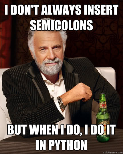 I don't always insert semicolons but when I do, I do it in python  Dos Equis man